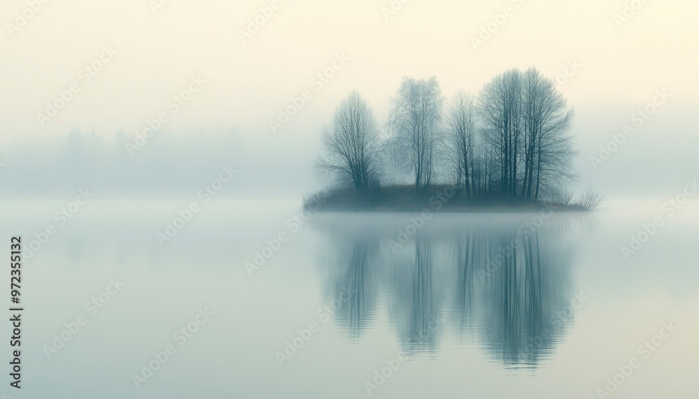 Fototapeta premium Foggy Lake with Silhouetted Trees on a Small Island