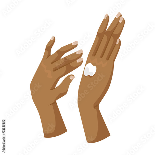 Illustration of hands applying cream on one hand, on a white background. Concept of skincare, healthcare, and self-care. Vector illustration