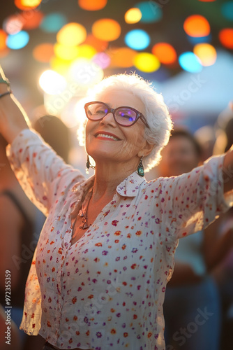 A joyful photo of seniors at a vibrant music festival, fully immersed in the beats and dancing with enthusiasm photo