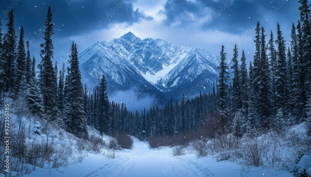 Snow-Covered Mountain Peak with a Forest Path Leading Through a Snowy Forest Snow-Covered Mountain Peak with a Forest Path Leading Through a Snowy Forest