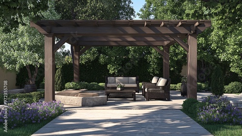 72. 3D modeling of a pergola with elegant seating arrangements under a shaded gazebo, highlighting outdoor architectural design and comfort