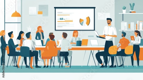 Business training concept in a flat design, showing a group of professionals learning