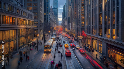 Bustling urban street at dusk with traffic and light trails



