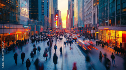 Vibrant city street at sunset with pedestrians and light trails