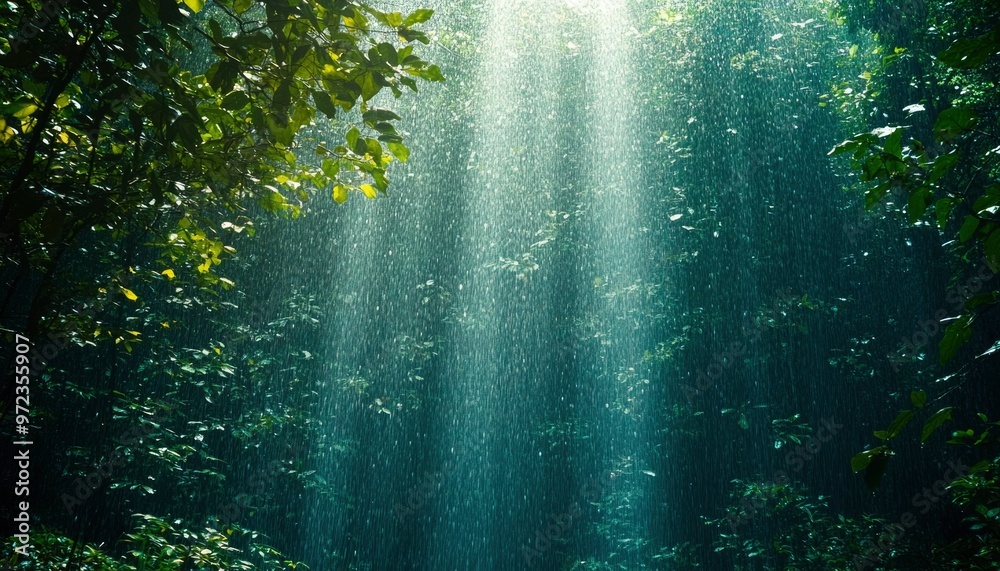 Fototapeta premium Sunlight and Rain Falling Through Lush Green Forest Canopy