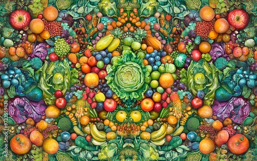 A vibrant birds-eye view of a lush, utopian garden, brimming with colorful fruits and vegetables, artfully arranged in a symmetrical culinary landscape, watercolor style photo