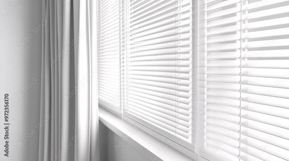 76. Realistic 3D vector set showcasing a white window frame with closed and partially open jalousie, featuring venetian blinds, plastic and fabric roll curtains with a control cord 76. Realistic 3D vector set showcasing a white window frame with closed and partially open jalousie, featuring venetian blinds, plastic and fabric roll curtains with a control cord