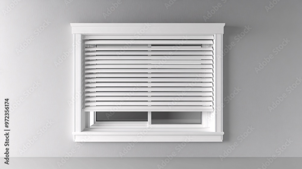 76. Realistic 3D vector set showcasing a white window frame with closed and partially open jalousie, featuring venetian blinds, plastic and fabric roll curtains with a control cord 76. Realistic 3D vector set showcasing a white window frame with closed and partially open jalousie, featuring venetian blinds, plastic and fabric roll curtains with a control cord