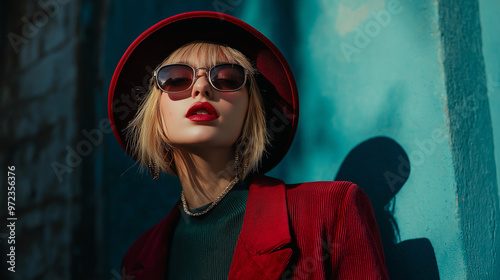 Stylish woman in red hat and sunglasses posing against blue wall