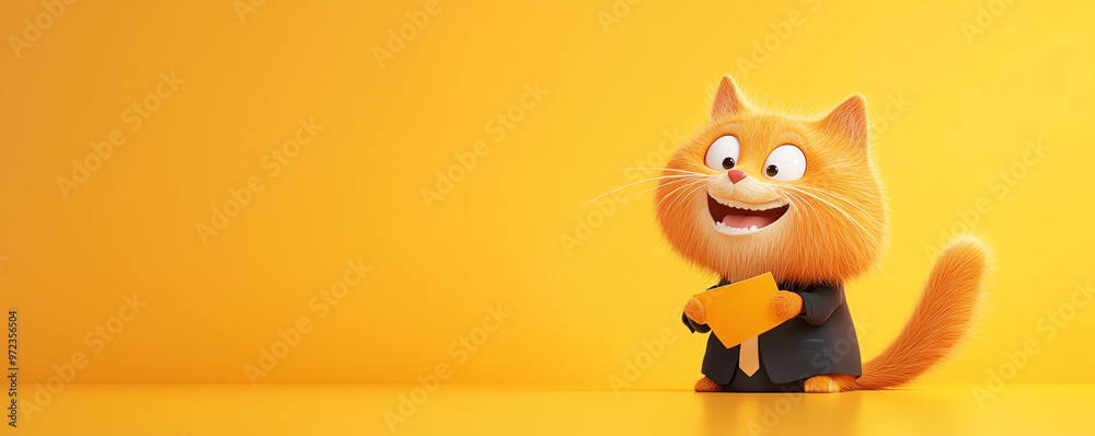 Fototapeta premium Cheerful cartoon cat character holding a star-shaped object against a bright yellow background, perfect for playful designs.
