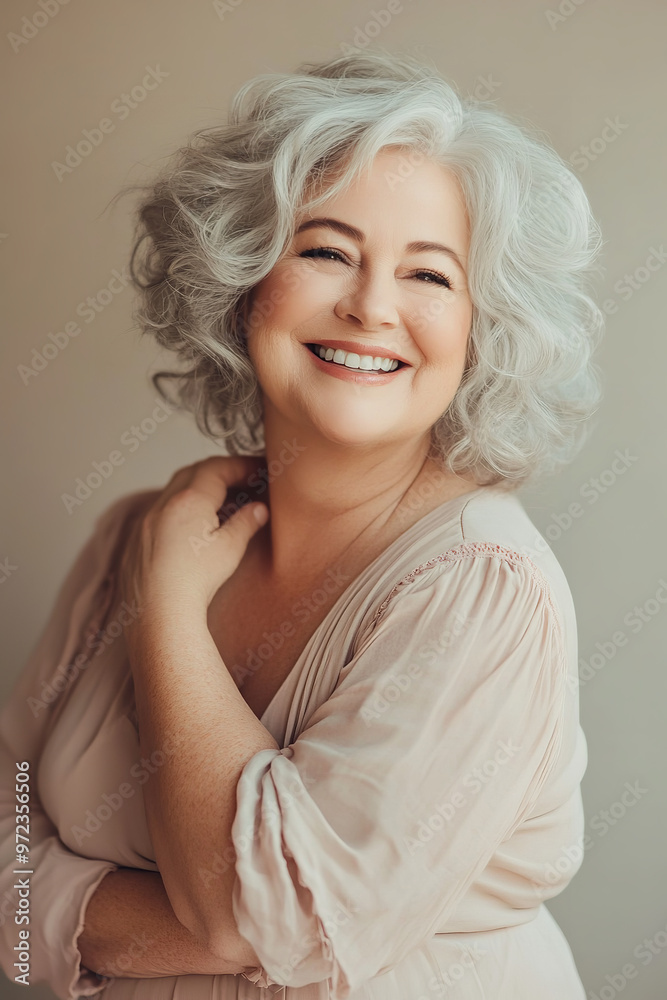 A portrait of a beautiful plus-size senior woman smiling warmly against a soft pastel-colored background A portrait of a beautiful plus-size senior woman smiling warmly against a soft pastel-colored background