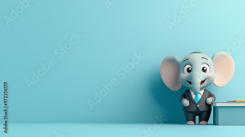 Cheerful cartoon elephant in a suit standing beside a table against a blue background, perfect for business or educational themes. photo