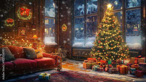 Cozy Christmas living room with tree, decorations, and presents