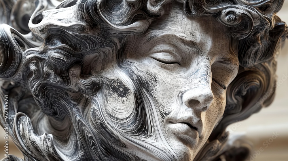 A close-up view of a marble sculpture capturing intricate details of the flowing hair and serene expression of the figure. A close-up view of a marble sculpture capturing intricate details of the flowing hair and serene expression of the figure.