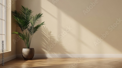 Fototapeta Naklejka Na Ścianę i Meble -  85. Empty room interior design with beige wall tones, wooden floors, and a potted plant as the sole decoration, rendered in 3D for a minimalist aesthetic