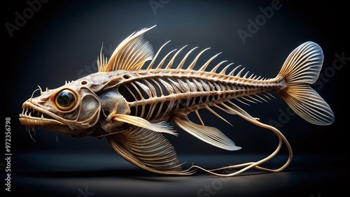 A detailed, isolated view of a catfish skeleton's intricate bones and spinal cord, showcasing its fascinating anatomy photo