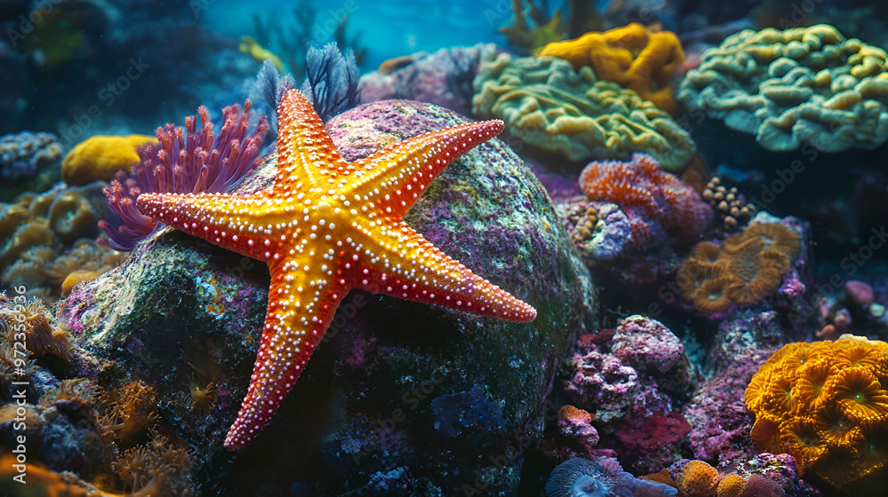 A vibrant starfish clinging to a rock A vibrant starfish clinging to a rock