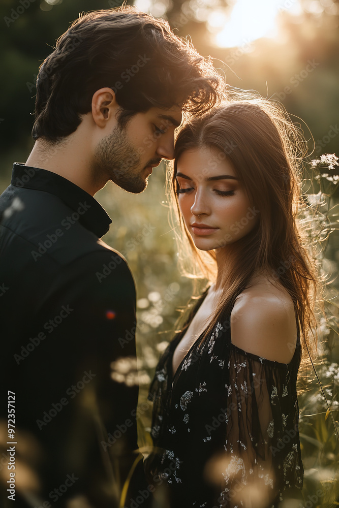A romantic engagement portrait of a handsome man and a gorgeous woman standing together in an open, sunlit field A romantic engagement portrait of a handsome man and a gorgeous woman standing together in an open, sunlit field