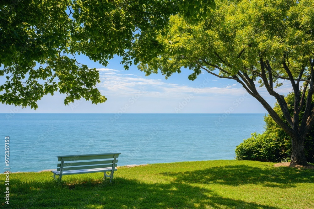 Naklejka premium A Lonely Bench Overlooking a Tranquil Ocean