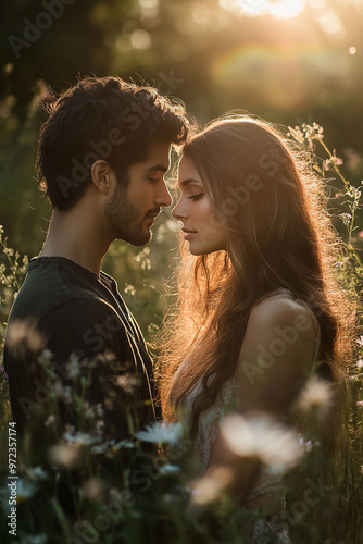 A romantic engagement portrait of a handsome man and a gorgeous woman standing together in an open, sunlit field