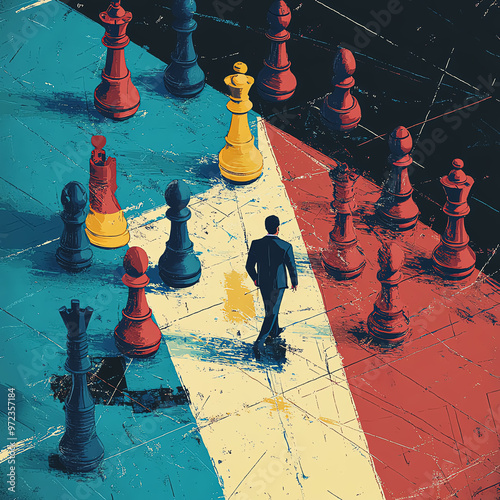Digital illustration of multiple businesses represented as chess pieces on a board, with a private equity investor strategically moving pieces, symbolizing buyouts and mergers