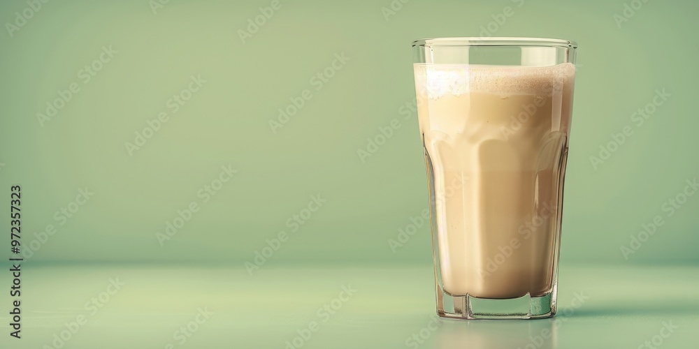 A green background showcasing a sattu flour smoothie in a clear glass, promoting healthy drinks and organic ingredients.