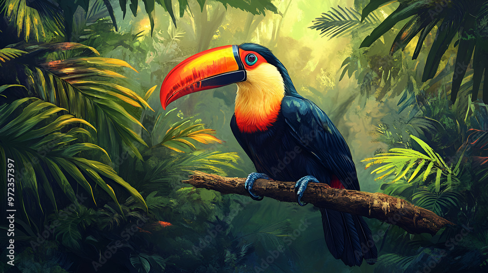 Obraz premium A vibrant toucan perched on a branch in a lush tropical jungle