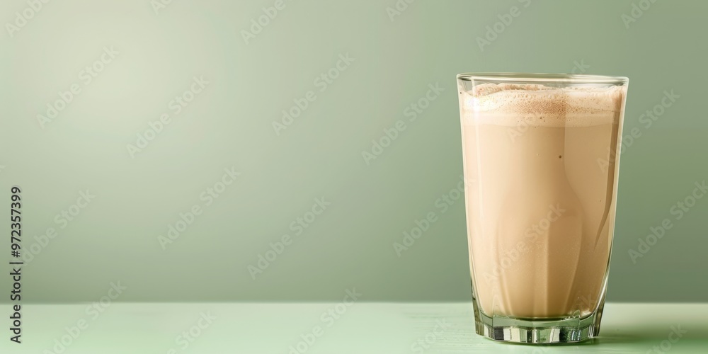 A refreshing sattu flour smoothie in a clear glass, set against a green background, promoting healthy, traditional drinks.