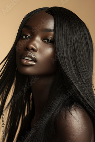 A stunning ebony African model with a long, flowing hairstyle, radiating confidence and grace
