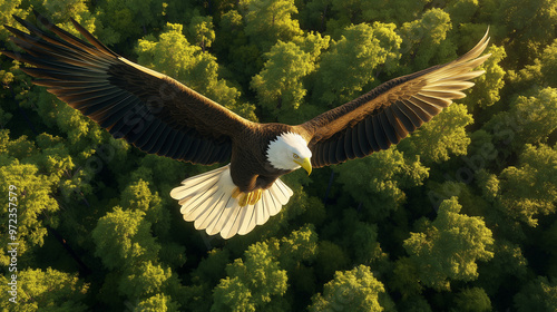 Majestic bald eagle soaring above forest in sunlight