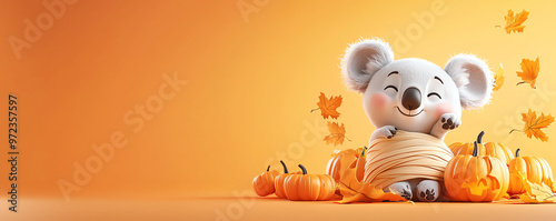 Cute koala surrounded by pumpkins and autumn leaves, perfect for seasonal themes and cheerful illustrations. photo