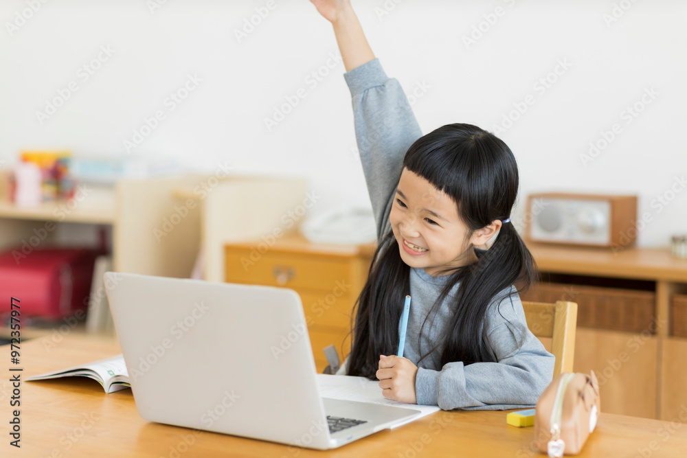 パソコンでオンライン学習をする女の子 パソコンでオンライン学習をする女の子