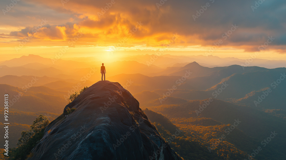 Lone hiker on mountain peak at sunrise with dramatic sky and vast landscape Lone hiker on mountain peak at sunrise with dramatic sky and vast landscape