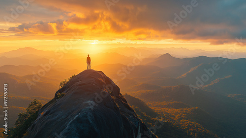 Lone hiker on mountain peak at sunrise with dramatic sky and vast landscape
