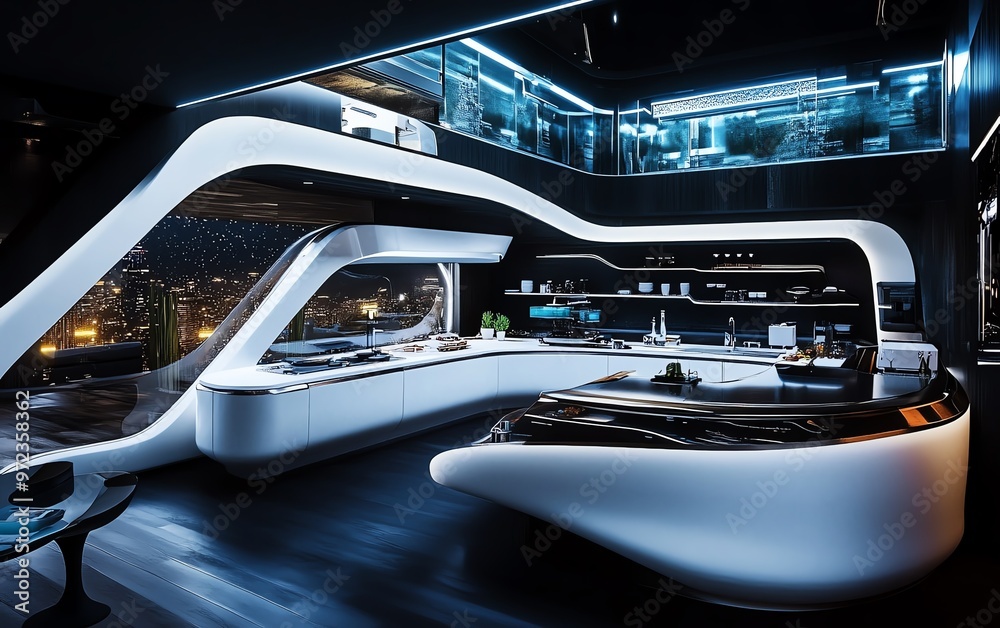 Fototapeta premium A wide-angle view showcasing a futuristic kitchen where advanced cooking technologies seamlessly blend with culinary artistry