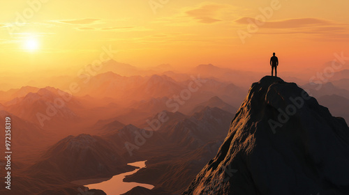 Adventurer on mountain peak at sunset overlooking vast wilderness and river