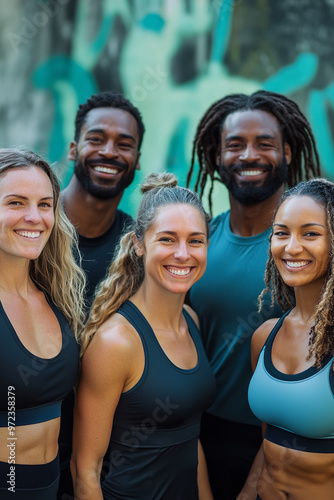 A vibrant portrait of cheerful, smiling athletic personal trainers standing confidently in front of the camera