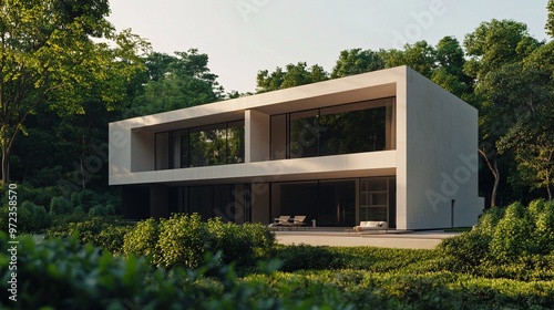 Wallpaper Mural 109. Architecture 3D render of a modern house with a minimalistic design, set against a backdrop of natural greenery, showcasing a balanced interaction between structure and environment Torontodigital.ca