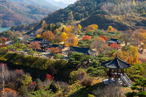 Danyang-gun, Chungcheongbuk-do, South Korea - November 2, 2020: Aerial view of Gwansujeong Pavilion and Cheongpung Cultural Heritage Complex in autumn photo