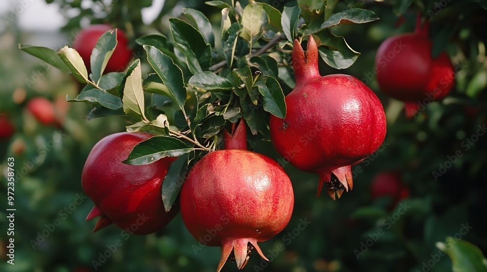 pomegranate tree full of red fruits in an orchard, Generative AI