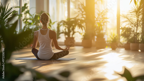 Serene indoor yoga session with sunlight and lush green plants
