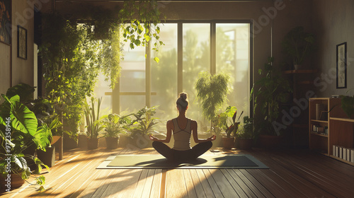 Peaceful indoor meditation with sunlight and lush green plants