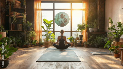  Serene yoga studio with sunlight and green plants for meditation