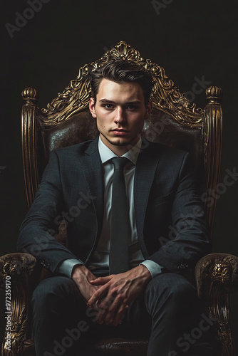 A young, confident businessman sits regally on a throne, captured in a studio photo with dramatic lighting