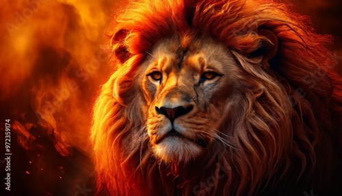 A striking portrait of a majestic lion with a fiery background. The lion's intense gaze and the vibrant, warm tones of the background create a powerful and captivating image, symbolizing strength and