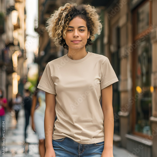 A young woman of mixed ethnicity stands confidently in a city street, showcasing her natural curls and casual style.