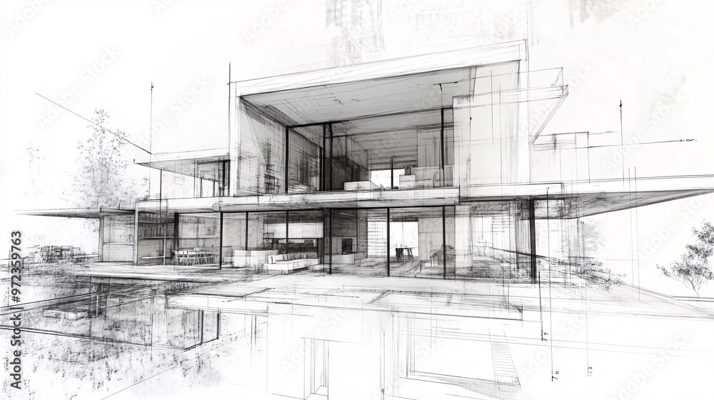 Obraz premium 125. Mixed media approach to a dream house design, featuring a 3D model of a modern home integrated with conceptual sketches and creative elements, highlighting the design process