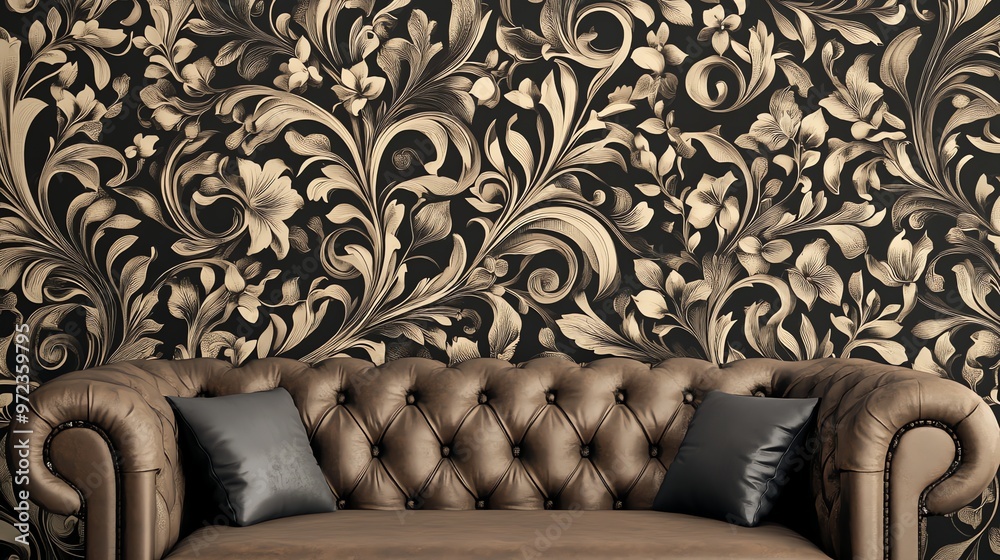 Obraz premium Brown leather Chesterfield sofa with black pillows in front of a black and gold damask wallpaper.