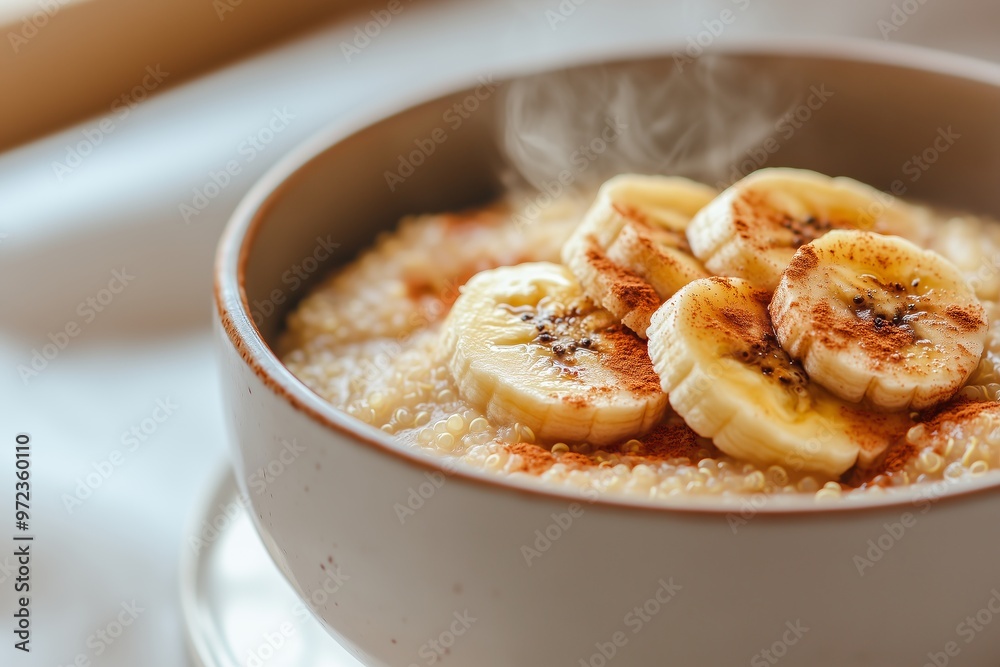 quinoa pudding served in a ceramic bowl, topped with caramelized banana slices and a dusting of cinnamon, with steam rising gently in a cozy kitchen setting quinoa pudding served in a ceramic bowl, topped with caramelized banana slices and a dusting of cinnamon, with steam rising gently in a cozy kitchen setting