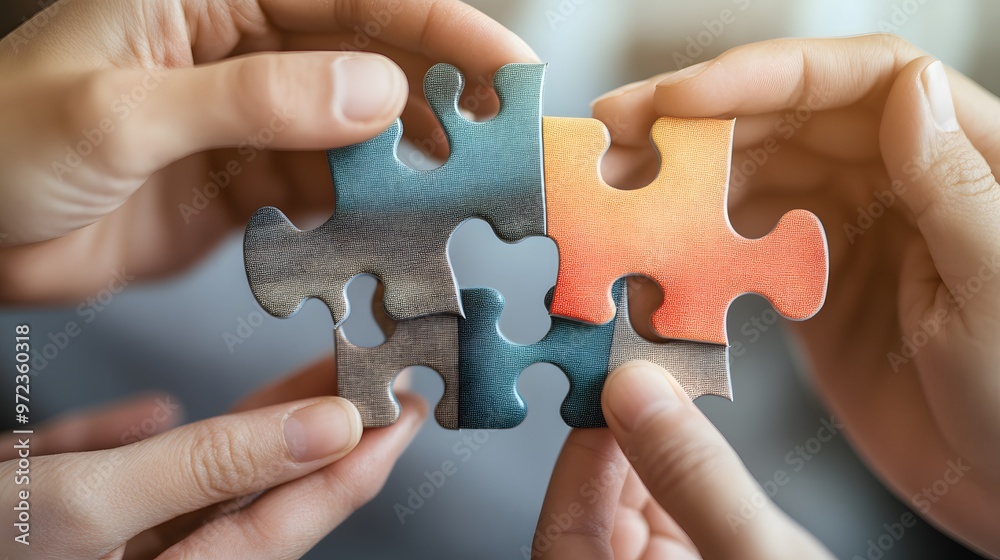 Hands Joining Puzzle Pieces Together, Symbol of Unity and Collaboration Hands Joining Puzzle Pieces Together, Symbol of Unity and Collaboration